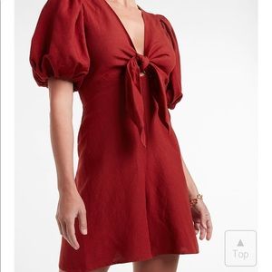 Express Linen-Blend Tie Front Puff Sleeve Romper